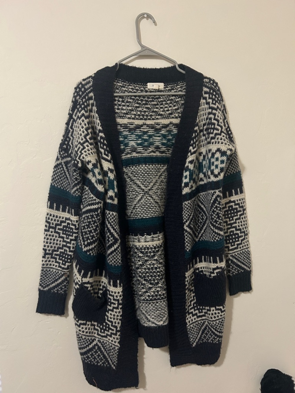 Freeway Navy, Cream & Teal Open-Front Patterned Cardigan